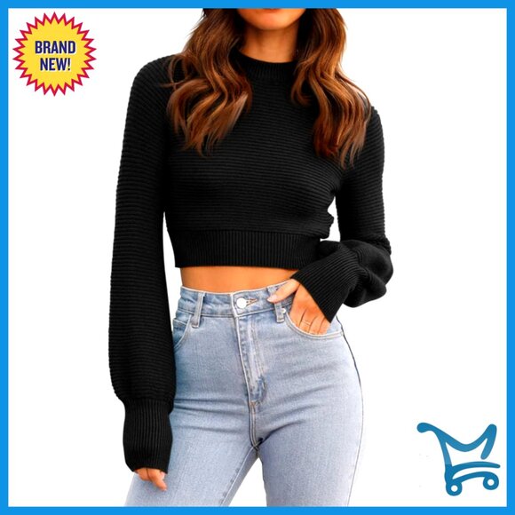 Sweaters - Ribbed Knit Cropped Pullover Sweater Long Balloon Sleeve Slim Fit Chic